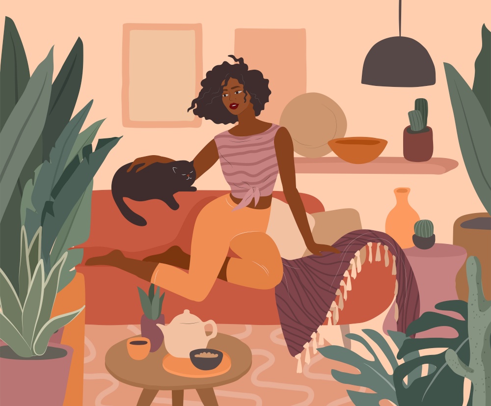 Cute african girl resting with a cat on couch. Feminine Daily life and everyday routine scene by young woman in home interior with homeplants. Cartoon vector illustration. Cute african girl resting with a cat on couch. Feminine Daily life and everyday routine scene by young woman in home interior with homeplants. Cartoon vector