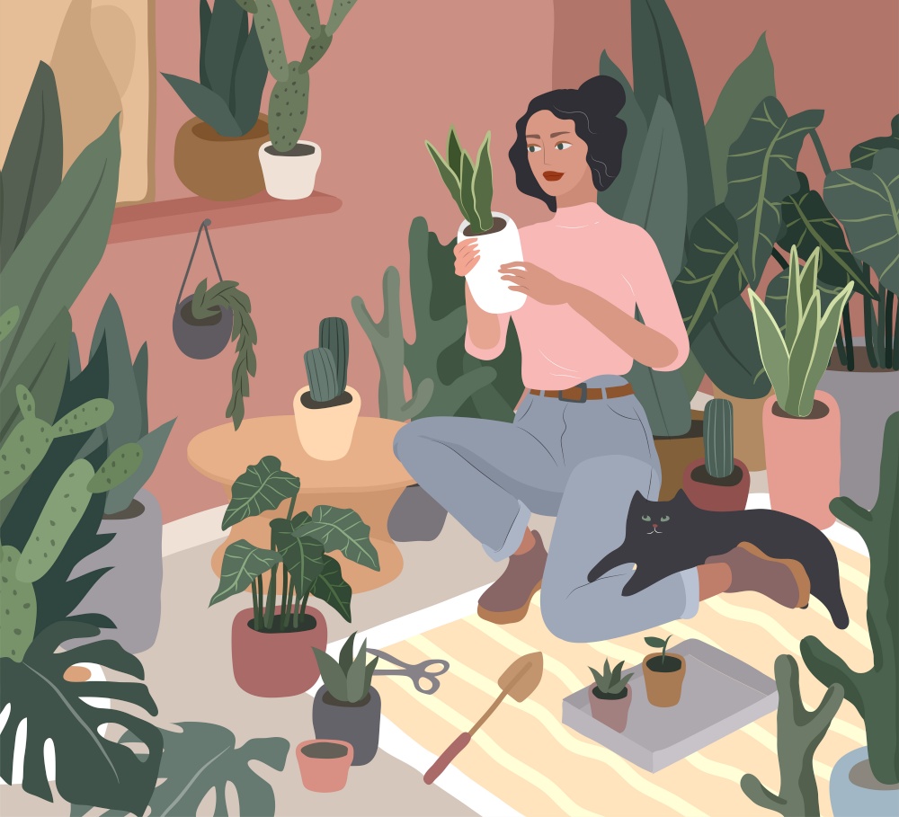 Girl caring for house plants in urban home garden with cat. Daily life and everyday routine scene by young woman in scandinavian style cozy interior with homeplants. Cartoon vector illustration.. Girl caring for house plants in urban home garden with cat. Daily life and everyday routine scene by young woman in scandinavian, style cozy interior with homeplants. Cartoon vector