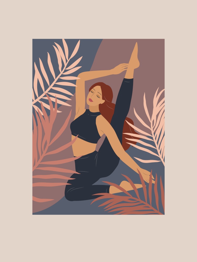 Feminine concept. Cute girl doing yoga poses. Lifestyle by young woman. Fashion illustration by femininity, beauty and mental health. Vector cartoon illustration. Feminine concept. Cute girl doing yoga poses. Lifestyle by young woman. Fashion illustration by femininity, beauty and mental health. Vector cartoon