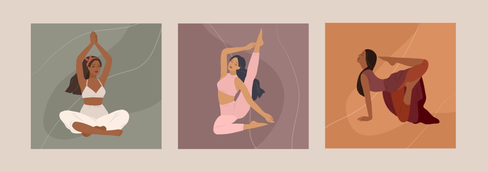 Feminine concept. Cute girl doing yoga poses. Lifestyle by young woman. Fashion illustration by femininity, beauty and mental health. Vector cartoon illustration. Feminine concept. Cute girl doing yoga poses. Lifestyle by young woman. Fashion illustration by femininity, beauty and mental health. Vector cartoon