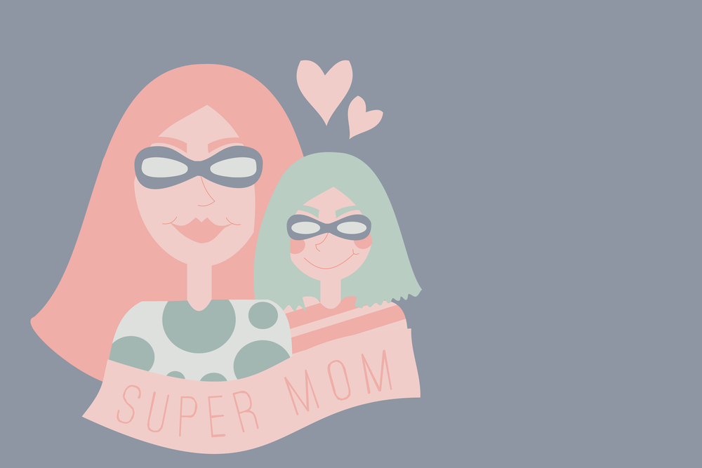 Super Mom Illustration - Mother and daughter wearing super hero costume - Mother&rsquo;s Day Greeting Card