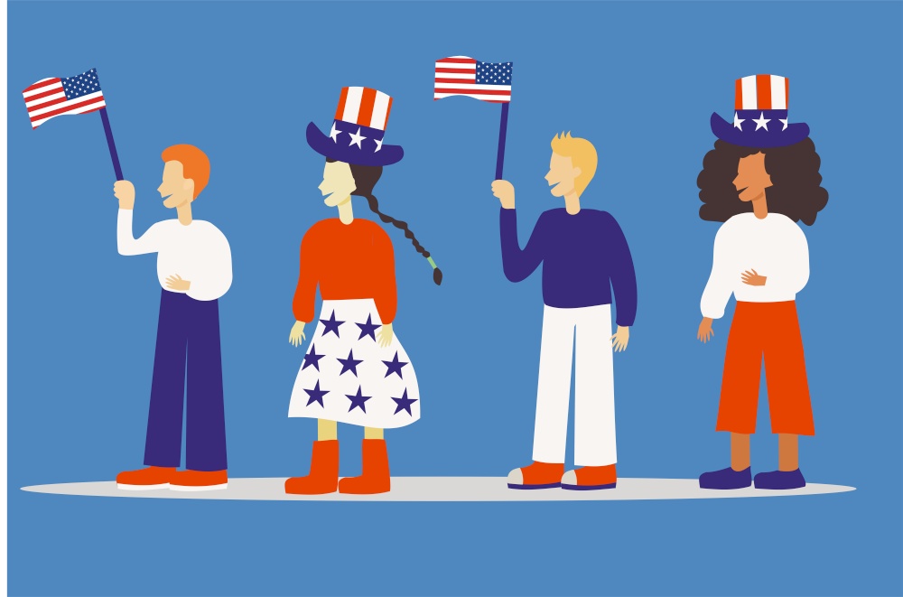 Illustration of a group of people celebrating 4th July Independence Day of United States of America