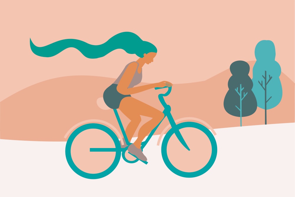 Illustration of a woman riding a bicycle. Exercise and eco friendly transport.