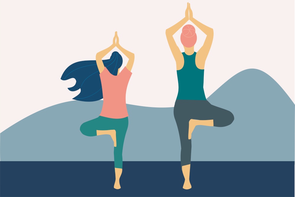 Illustration of two women practicing the tree pose of yoga. Fitness and wellness