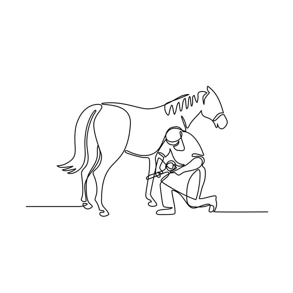 Continuous line illustration of a farrier working on a horse, trimming hoof done in black and white monoline style.. Farrier and Horse Continuous Line