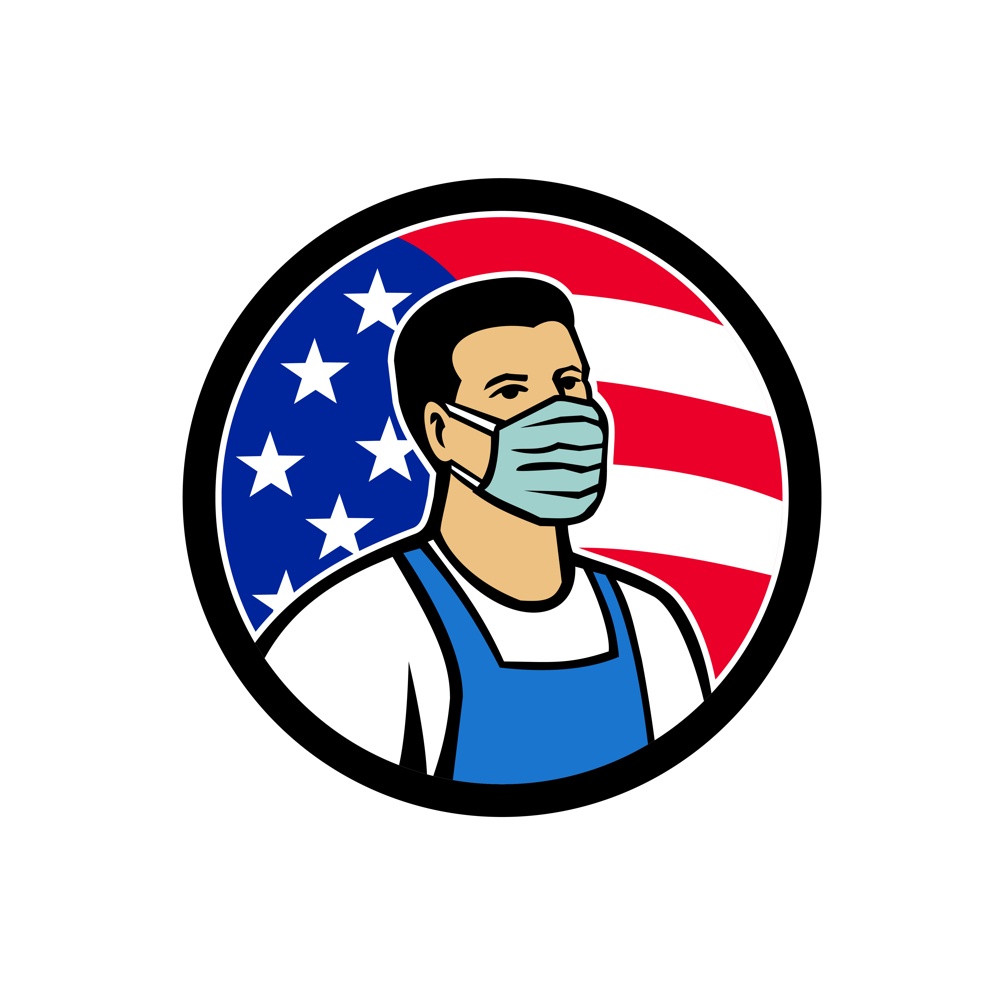 Mascot icon illustration of American grocery, food, supermarket, front line essential worker wearing mask and apron with USA stars and stripes flag as hero set inside circle in retro style.. American Food Worker as Hero USA Flag Circle Icon