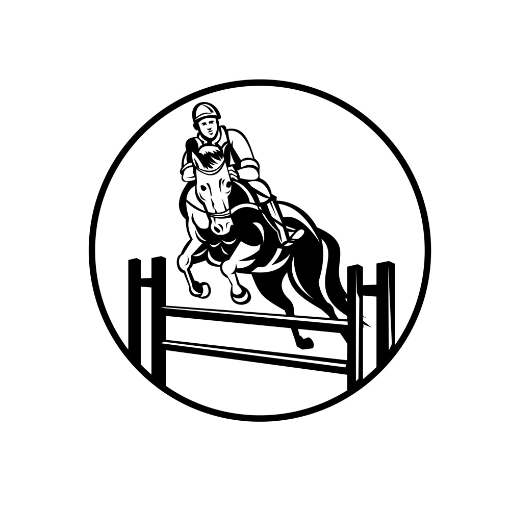 Retro style illustration of a rider on horse show jumping, stadium jumping or open jumping, an English riding equestrian event set in circle on isolated background done in retro black and white style.. Rider on Horse Show Jumping Stadium Jumping or Open Jumping Retro Black and White