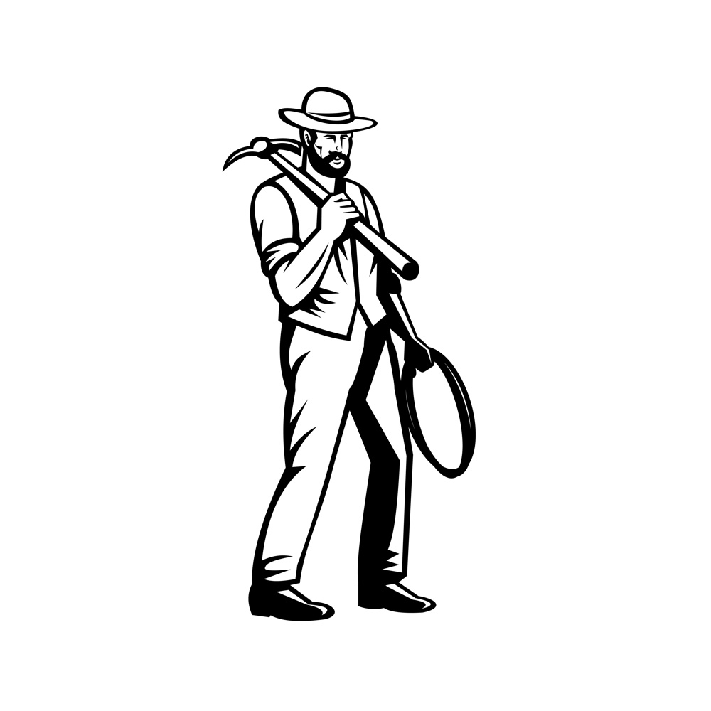 Retro style illustration of vintage miner or prospector with pickax and rope viewed from front on isolated background done in black and white style.. Vintage Gold Miner or Prospector with Pickax and Rope Prospecting Retro Black and White