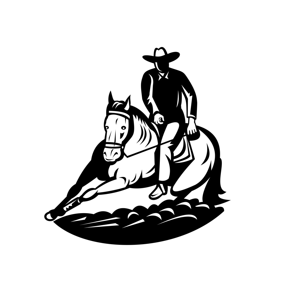 Retro style illustration of a professional rodeo cutting horse competition, a western-style equestrian competition which a horse and rider work together on isolated background done in black and white.. Professional Rodeo Cutting Horse Competition Retro Black and White