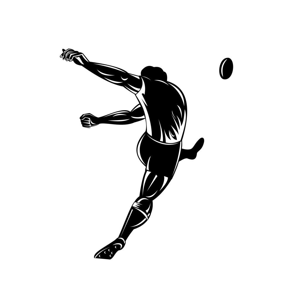 Retro woodcut style illustration of a rugby player or kicker kicking the ball viewed from rear or back  on isolated background done in black and white.. Rugby Player or Kicker Kicking the Ball Viewed from Rear Retro Woodcut Black and White