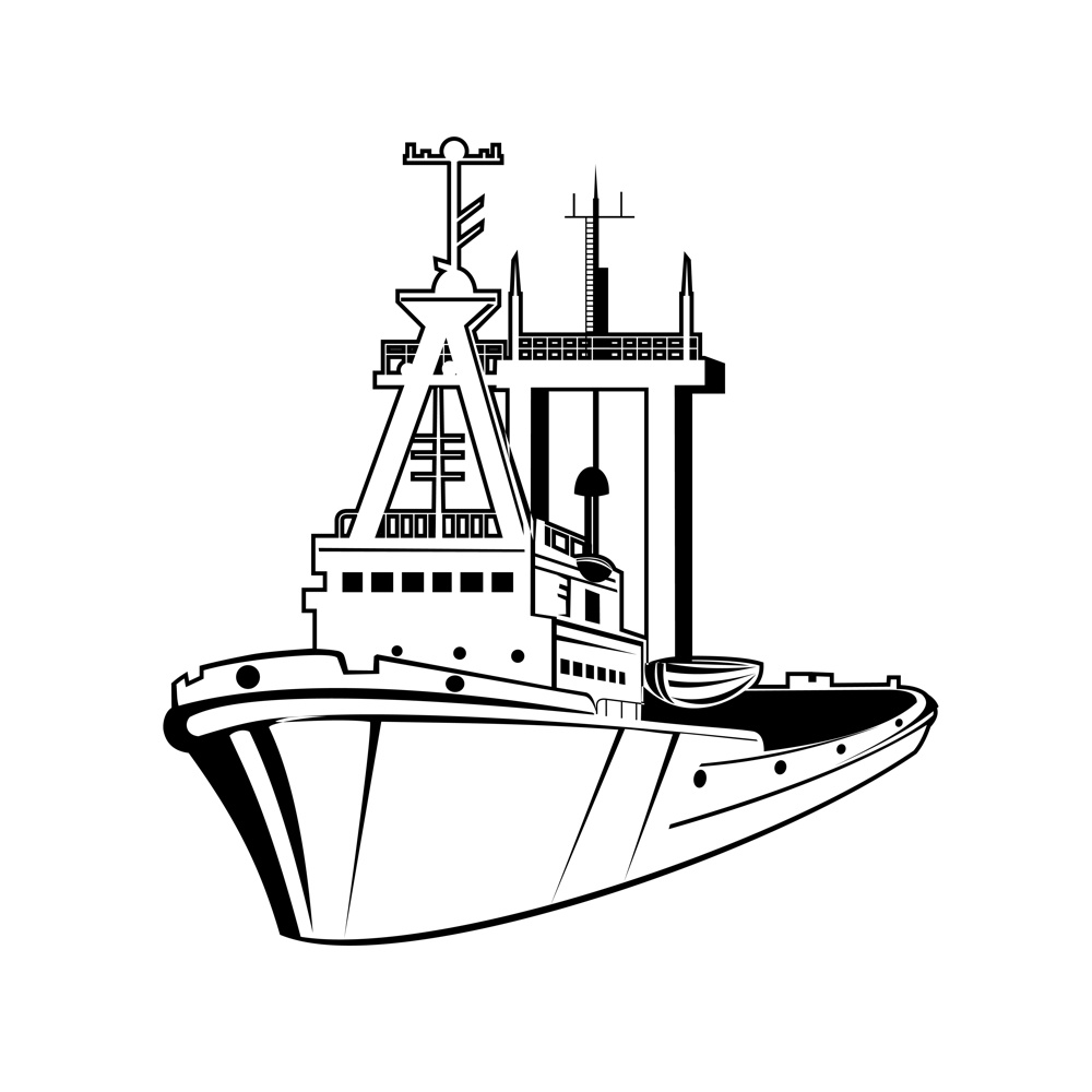 Retro style illustration of a harbor tugboat or tug, a type of vessel that maneuvers other vessels by pushing or pulling them by a tow line on isolated background done in black and white.. Harbor Tugboat Tug Boat Tug Retro Black and White