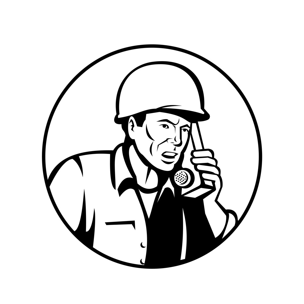 Black and white illustration of a World War two American soldier serviceman talking and calling walkie-talkie radio communication set inside circle on isolated white background  done in retro style.. World War Two American Soldier Talking Walkie-Talkie Radio Communication Retro Black and White