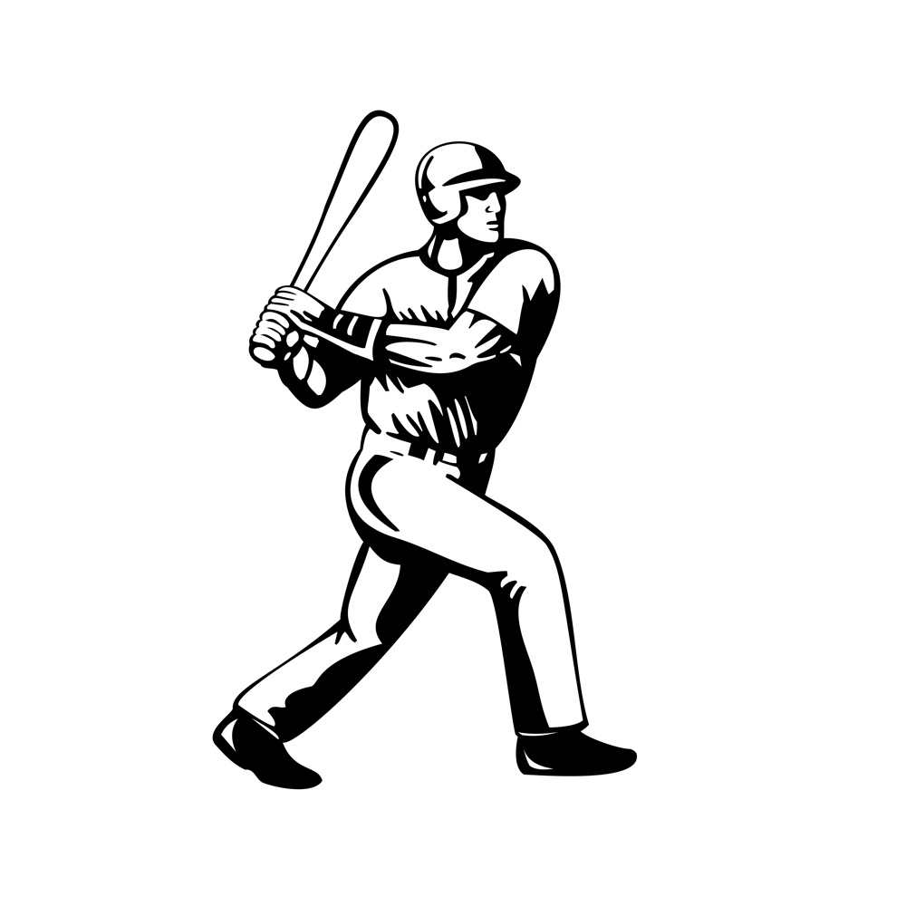 Retro style illustration of a baseball player batting viewed from side on isolated background done in black and white.. Baseball Player Batting Viewed from Side Retro Black and White