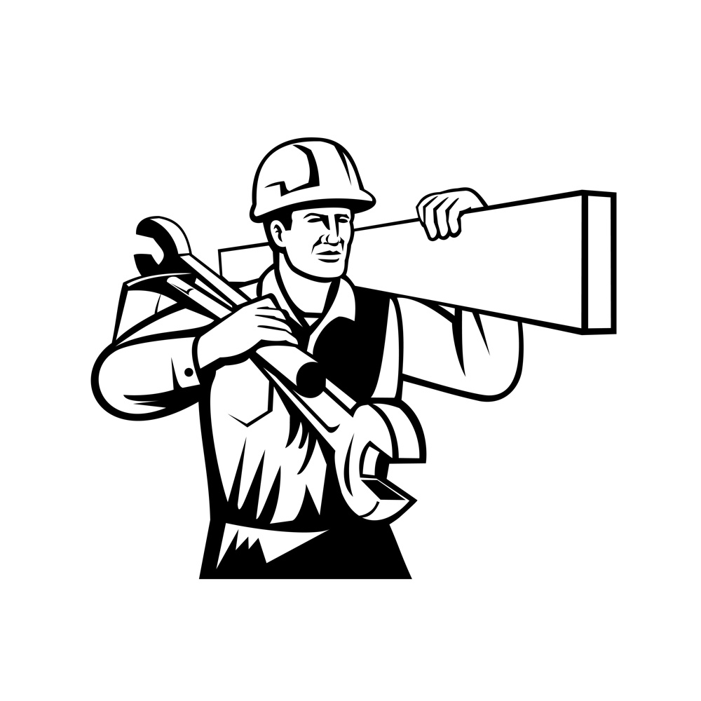 Black and white illustration of a handyman, builder or tradesman worker with hard hat carrying spanner wrench and spade viewed from front on isolated background done in retro style.. Handyman or Builder Carrying Timber Spanner and Spade Retro Black and White