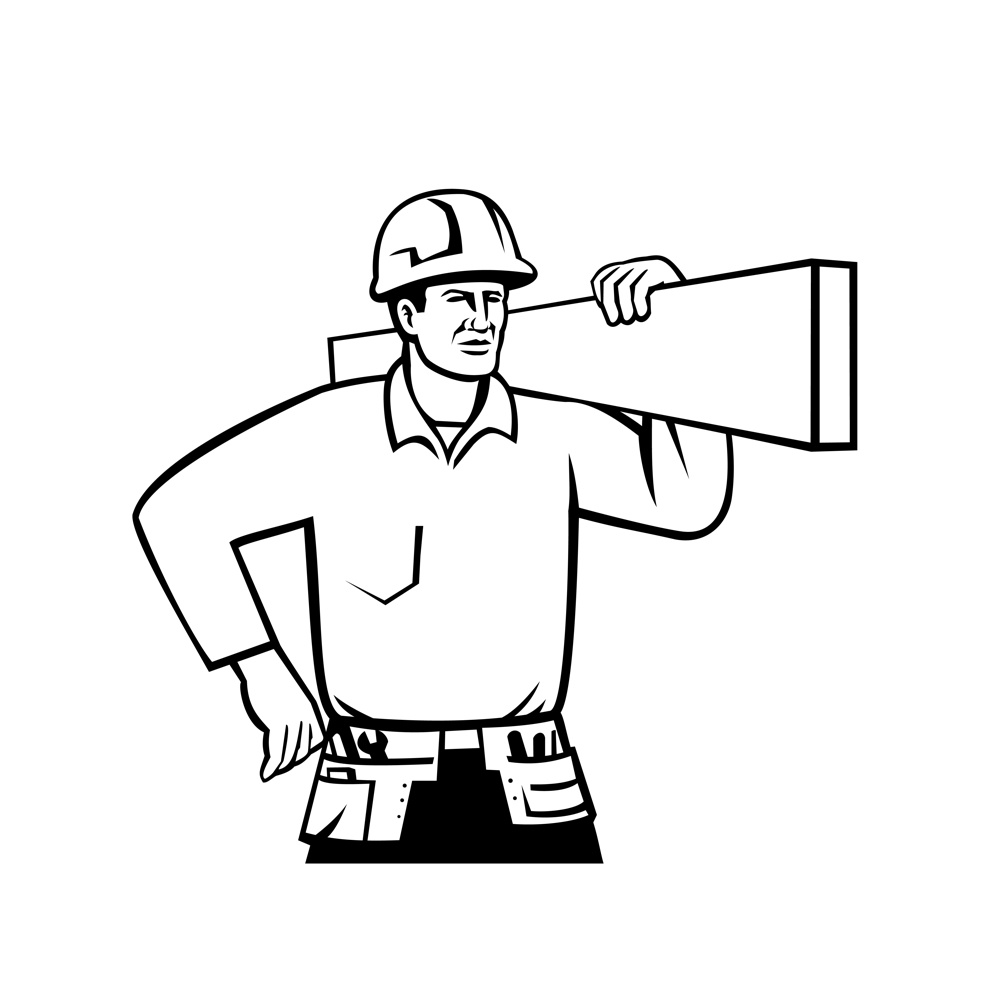 Black and white illustration of a  builder, handyman or construction worker wearing hard hat and carrying timber viewed from front on isolated background done in retro style.. Builder or Handyman Wearing Hard Hat Carrying Timber Retro Black and White