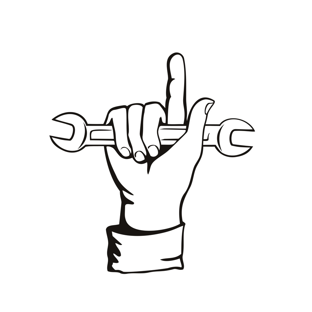 Retro style illustration of a mechanic hand holding a spanner or wrench tool with index finger or forefinger pointing up on isolated background done in black and white.. Mechanic Hand Holding Spanner or Wrench Index Finger Pointing Up Retro Woodcut Black and White