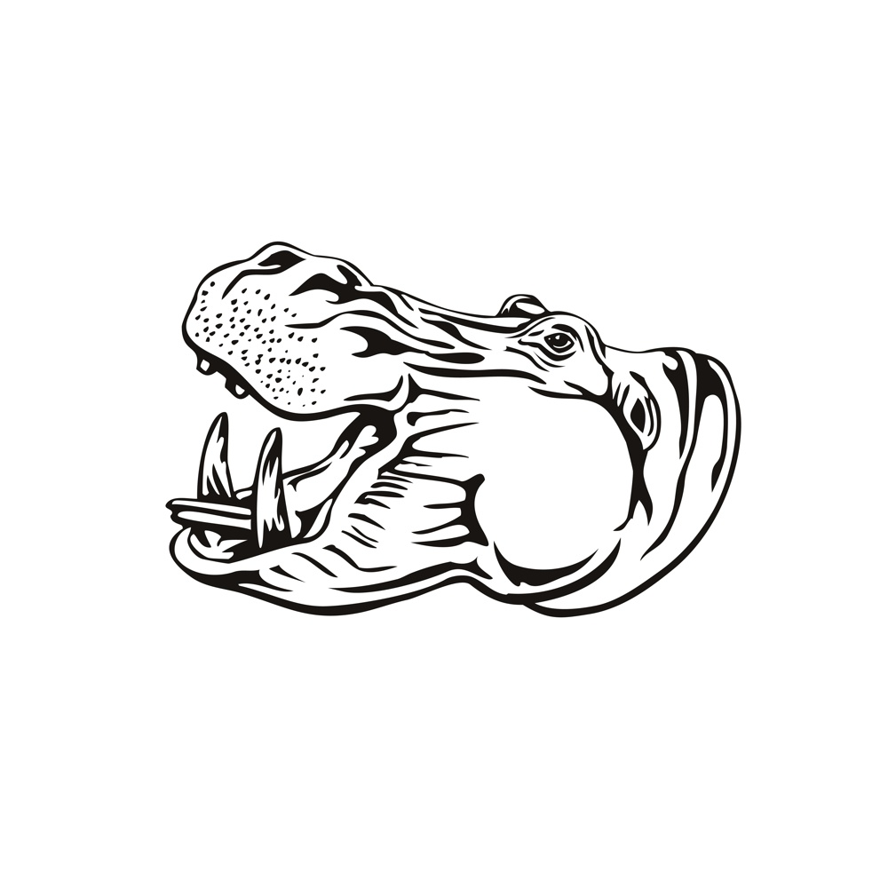 Retro woodcut style illustration of head of a hippopotamus, hippo, common hippopotamus or river hippopotamus, a large herbivorous, semiaquatic mammal ungulate isolated background in black and white.. Head of Hippo Common Hippopotamus or River Hippopotamus Side View Retro Woodcut Black and White