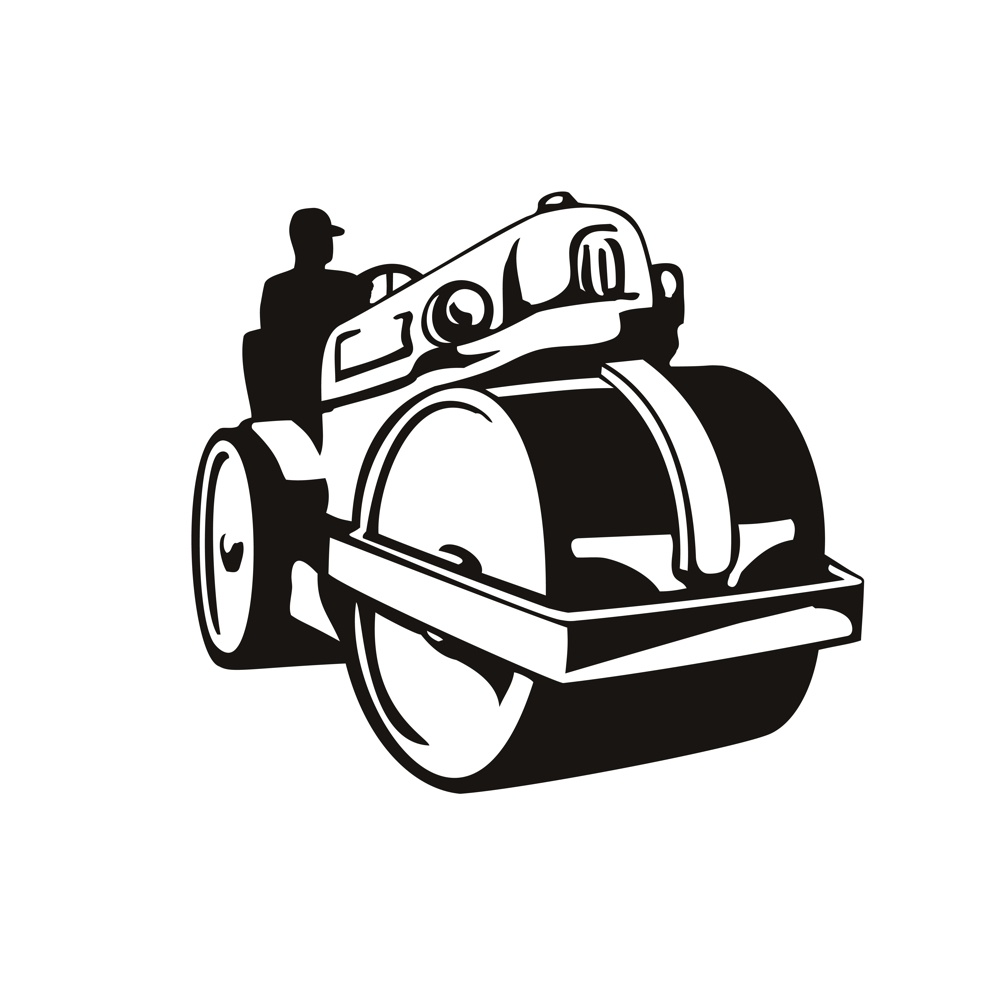 Retro woodcut style illustration of a vintage road roller, roller-compactor or steamroller, a compactor-type engineering vehicle used  in road construction on isolated background in black and white.. Vintage Road Roller Roller-Compactor or Steamroller Front View Retro Woodcut Black and White