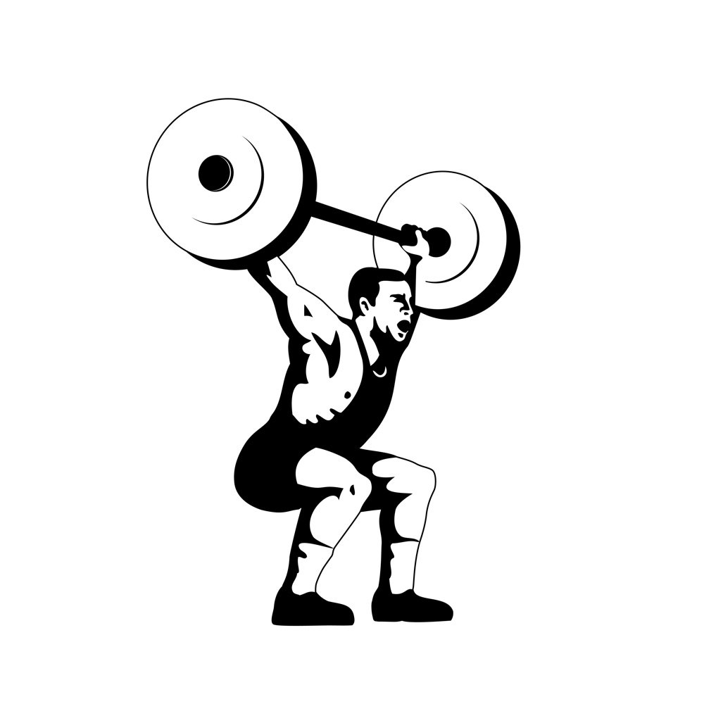 Retro woodcut style illustration of a weightlifter lifting barbell viewed from side on isolated background done in black and white.. Weightlifter Lifting Barbell Side View Retro Woodcut Black and White