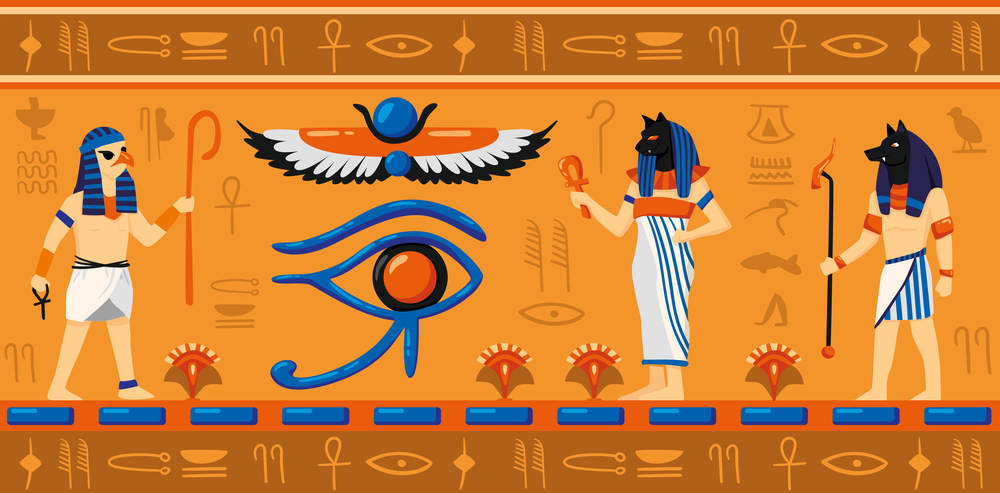Ancient Egypt gods and symbols horizontal vector illustration