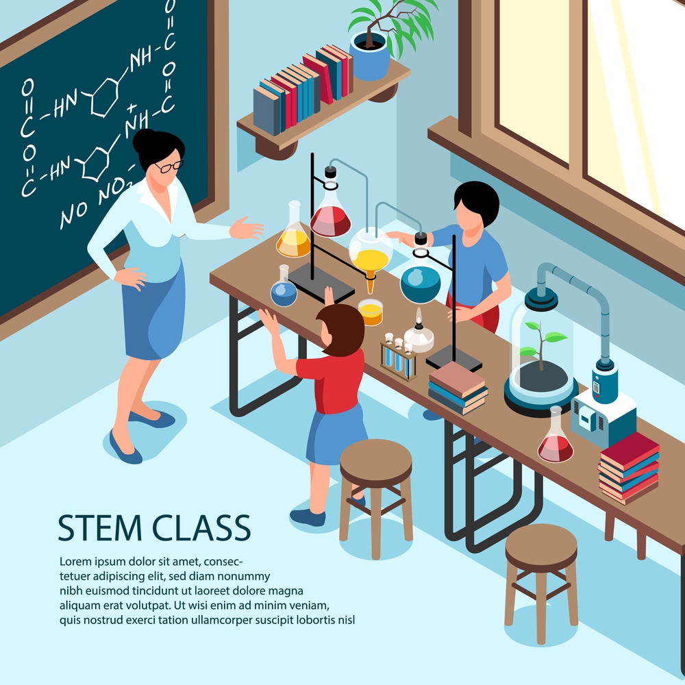 Isometric stem background with indoor composition of school classroom and children doing laboratory experiments with teacher vector illustration