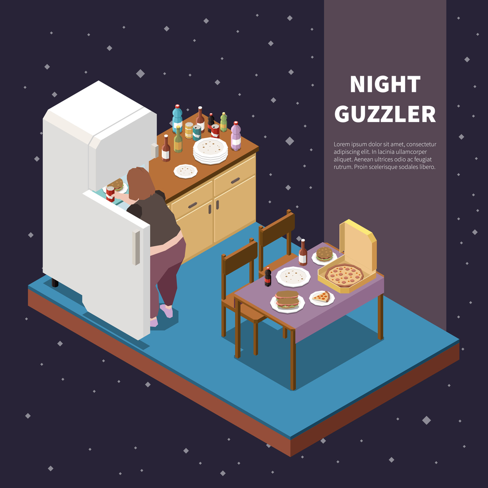 Gluttony isometric concept with night guzzler taking food out of fridge 3d vector illustration