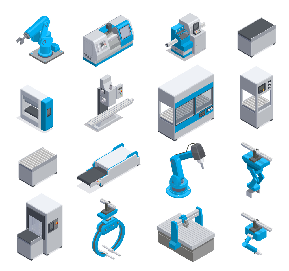 Industrial machine manufacturers equipment elements isometric icons set with conveyor robotic arm control panel isolated vector illustration