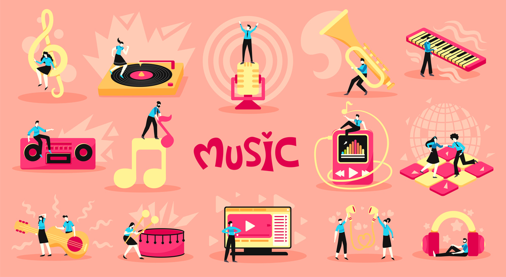 Music learning listening online flat set with electronic instruments computer treble clef guitar player background vector illustration