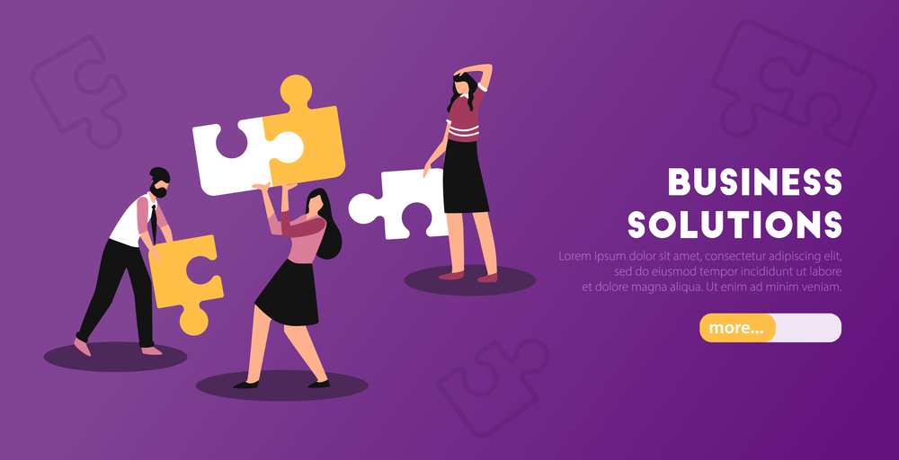 Business analytic solutions horizontal web banner landing page with putting puzzle together people purple background vector illustration