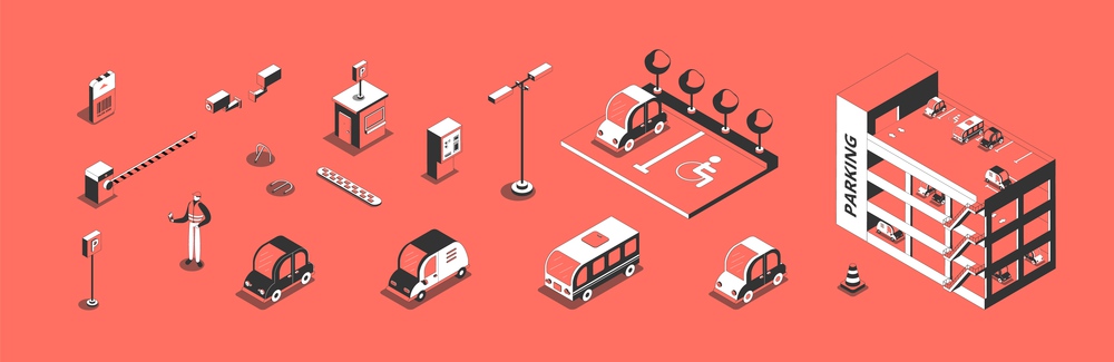 Parking zone elements and different cars isometric icons set 3d isolated vector illustration