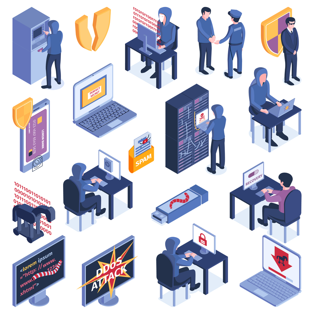 Isometric hacker safety system set of isolated icons with defense shield pictograms server racks and computers vector illustration