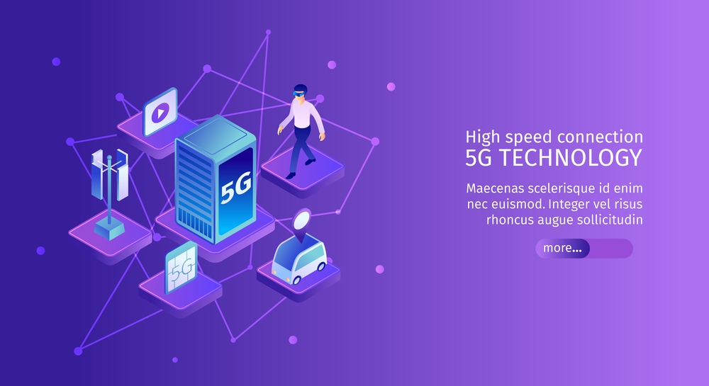 Isometric 5g internet horizontal banner with molecule shaped images of network elements with text and button vector illustration