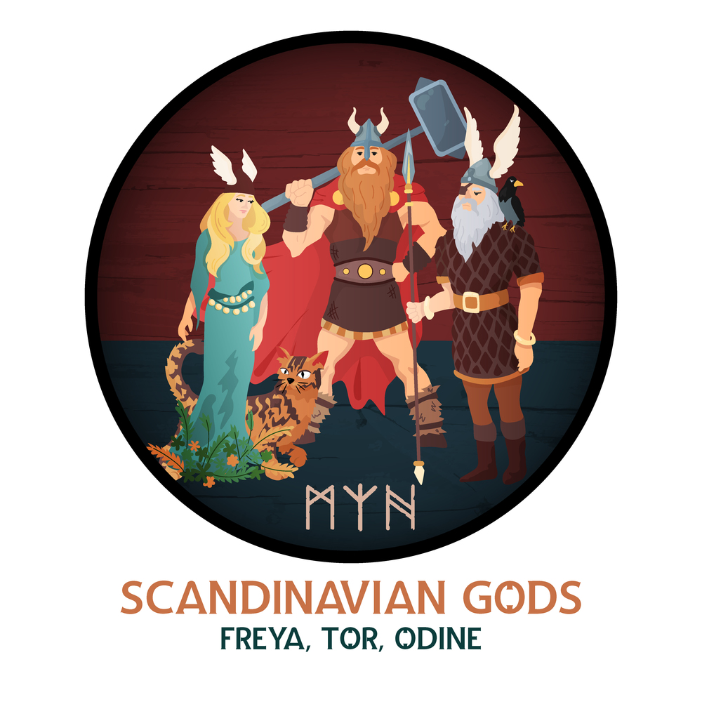Viking gods composition of circle image with ancient scandinavian characters and editable text with norsk rune vector illustration