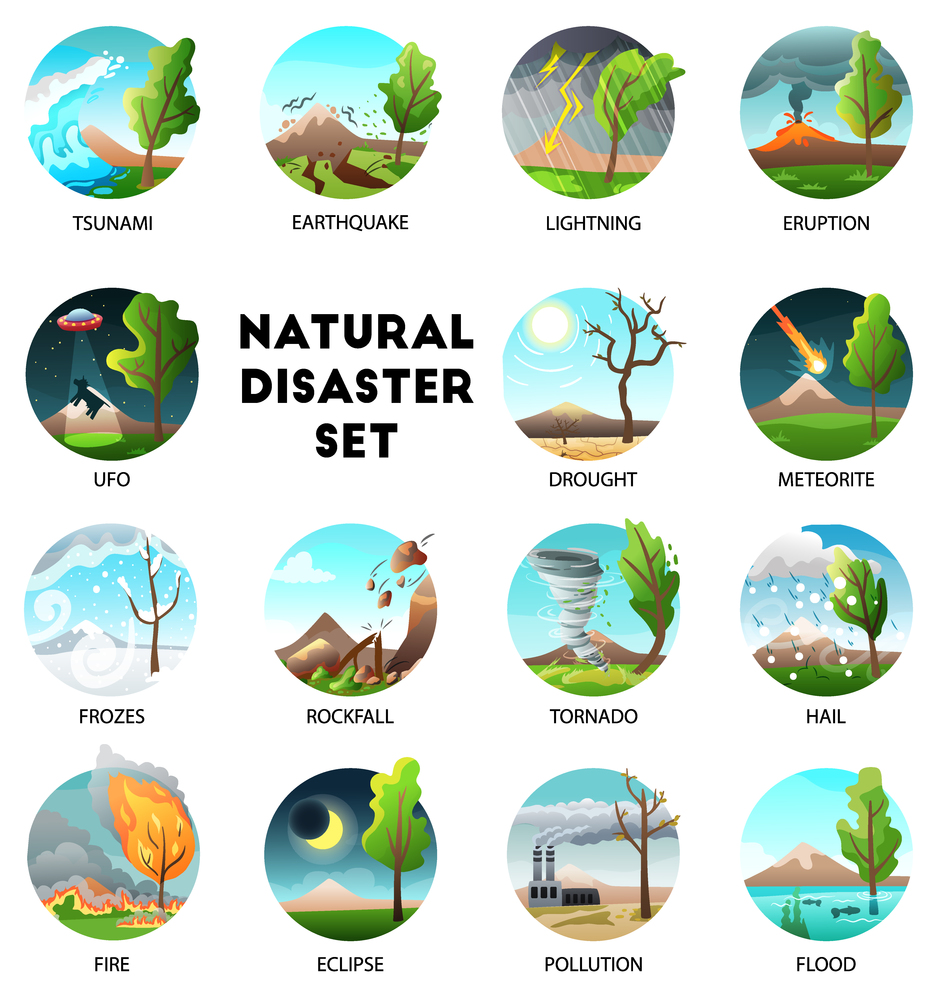 Natural disaster collection of round compositions with text captions and forces of nature in outdoor landscapes vector illustration