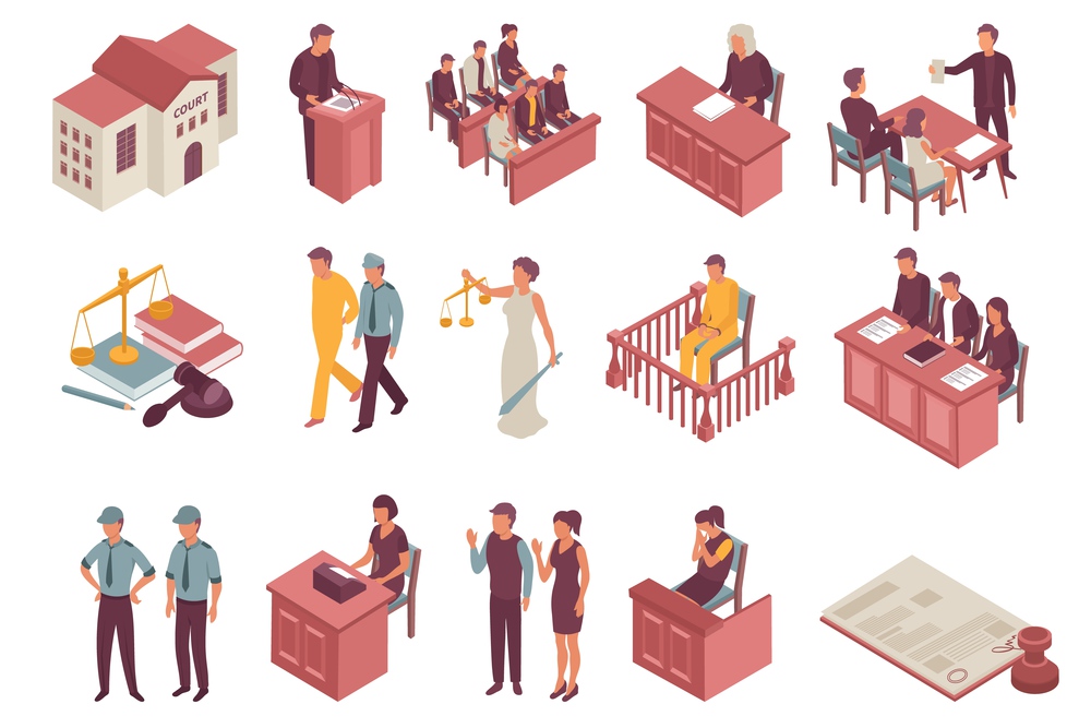Justice isometric icons set of jury defendant advocate witness policemen spectators characters isolated vector illustration