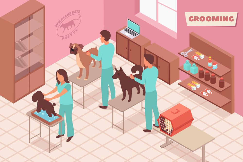 Grooming isometric composition with indoor view of pet grooming salon with people and pets on tables vector illustration