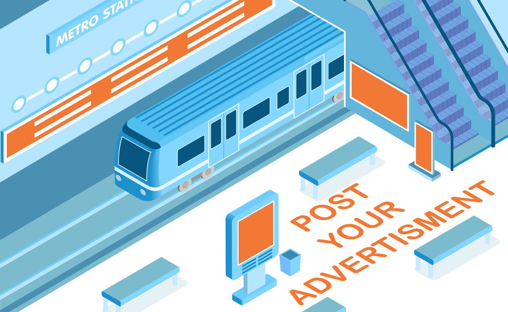 Advertising in metro background with headline on train station symbols isometric vector illustration