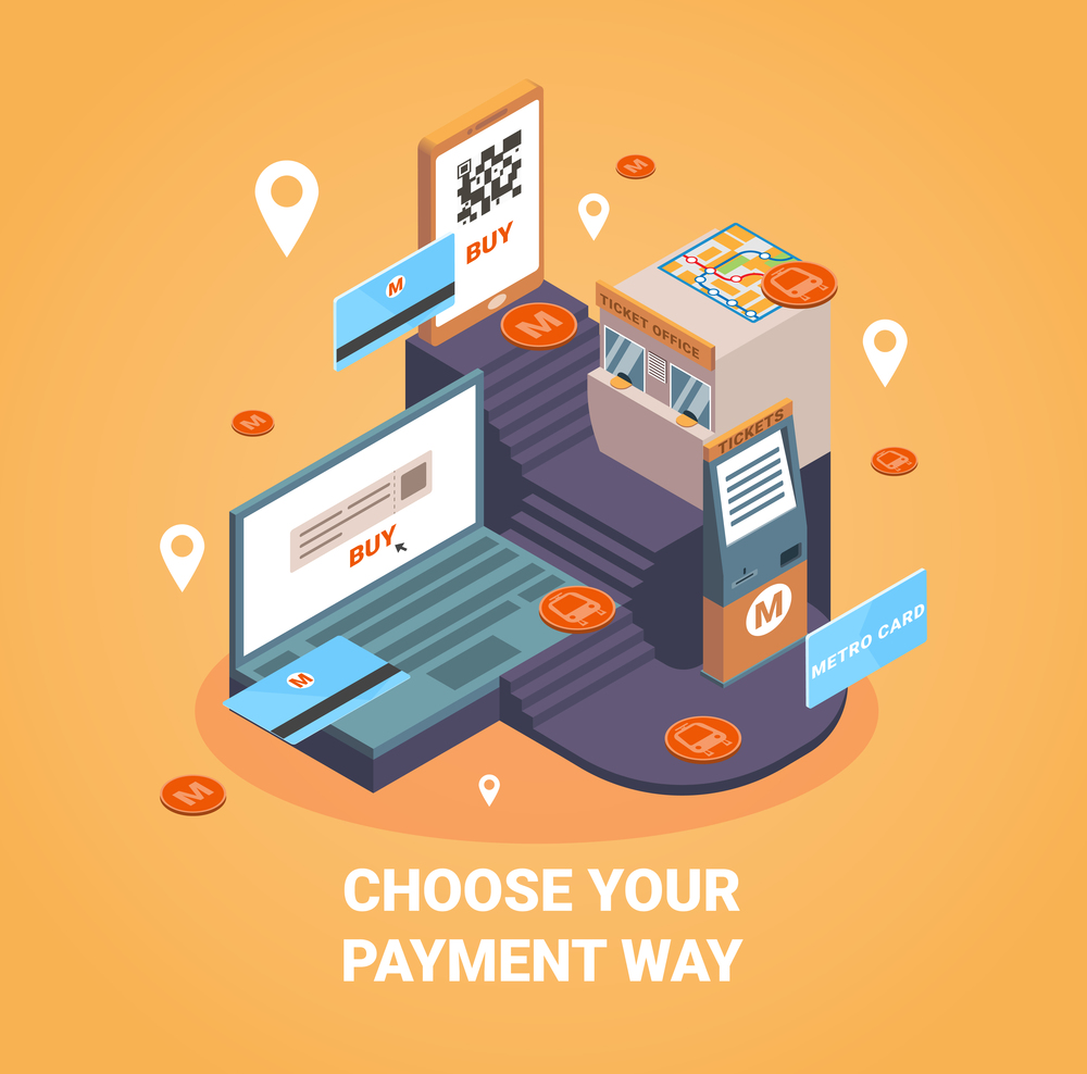 Payment way concept with online payment symbols isometric vector illustration