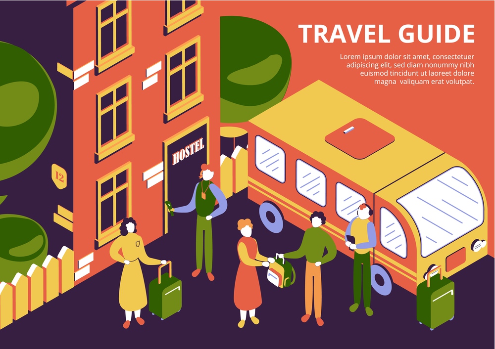 Group of tourists with luggage and travel guide arriving at hostel 3d isometric vector illustration