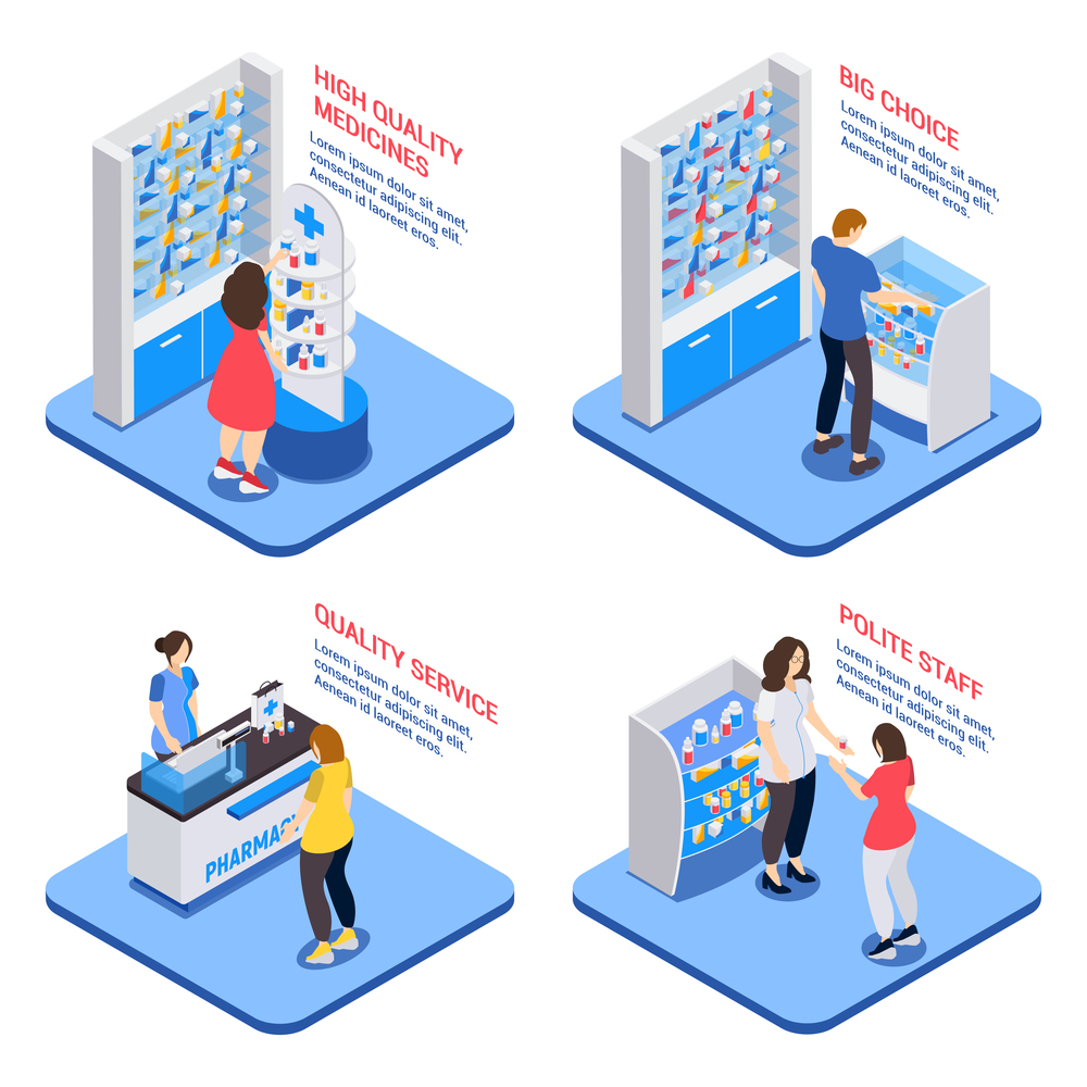 Pharmacy 2x2 design concept set of quality service big choice polite staff isometric compositions vector illustration