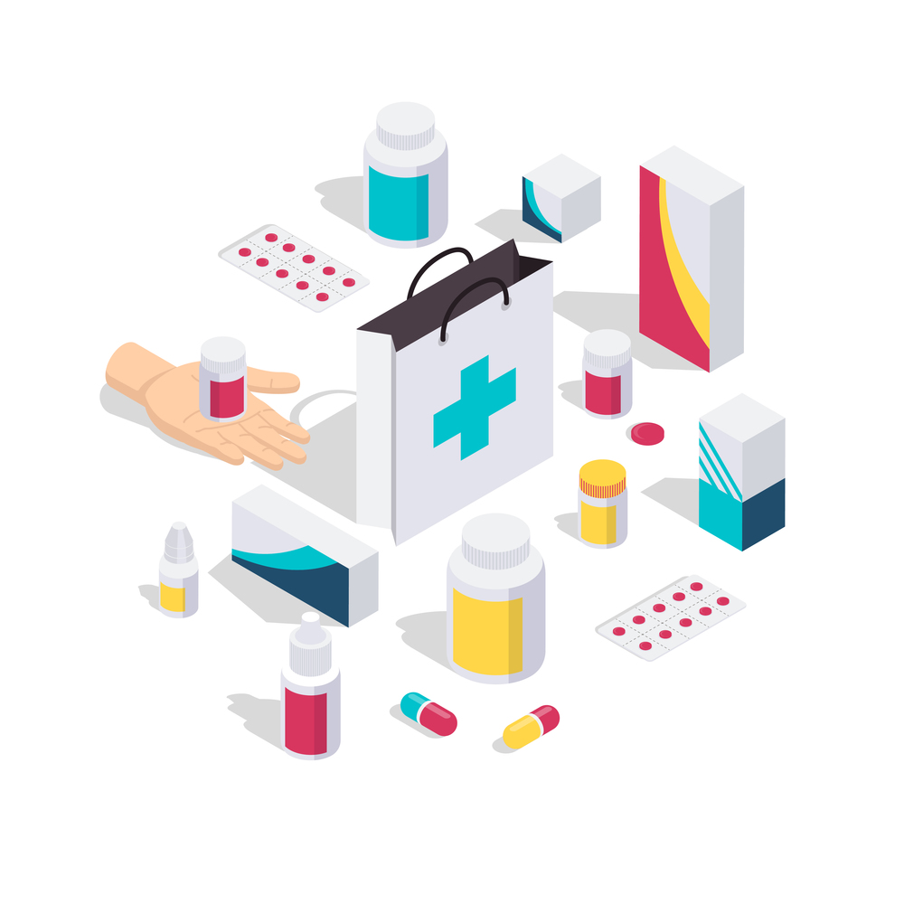 Pharmacy isometric design concept with packing of drugs vitamin pills colored isolated icons on white background vector illustration