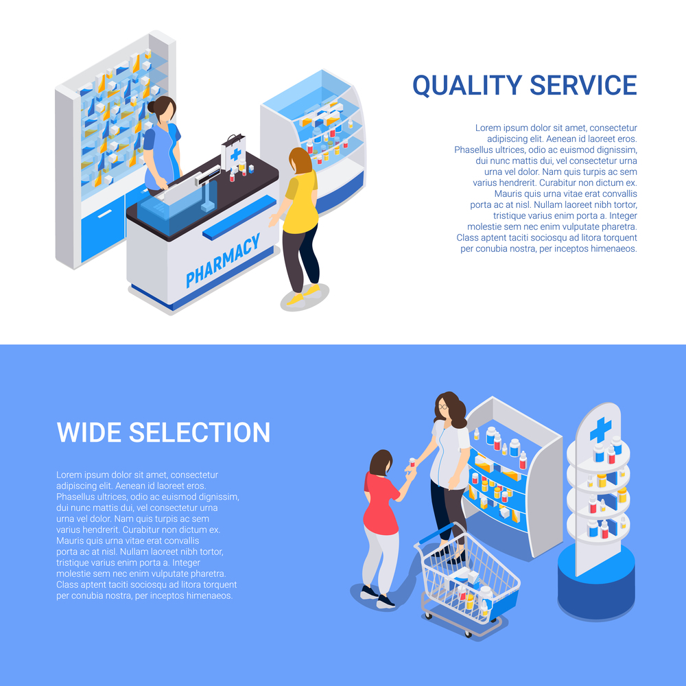 Pharmacy horizontal banners with wide selection and quality service isometric compositions vector illustration