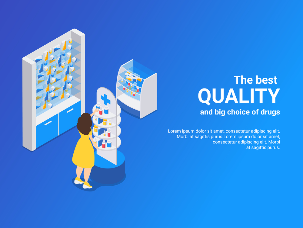 Pharmacy isometric blue background illustrated best quality and big choice of drugs vector illustration