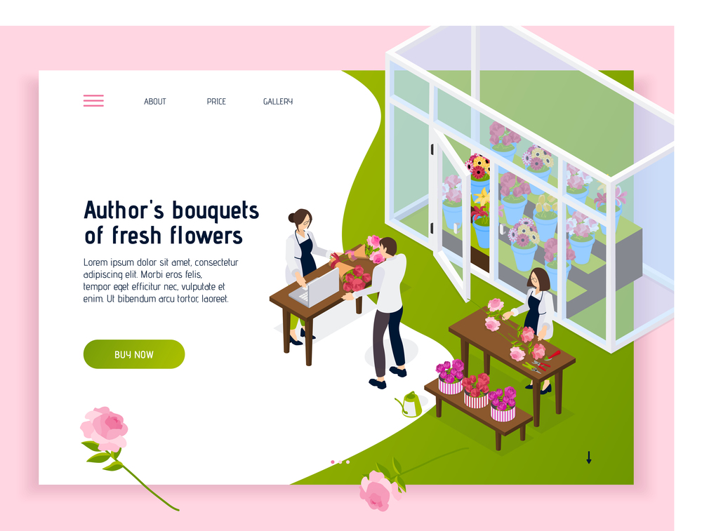 Choosing flowers online creating bouquet or arrangement setting up delivery isometric florist shop landing page vector illustration