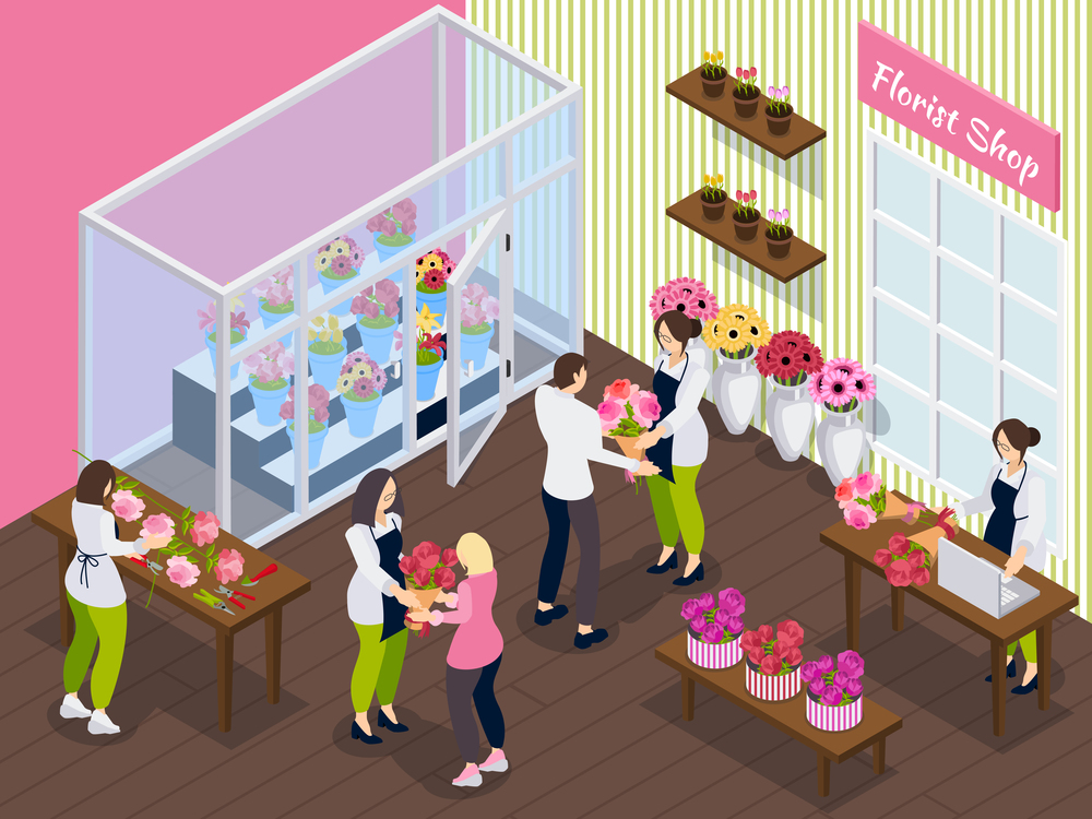 Florist shop isometric background with staff working with different flowers and customers buying bouquets vector illustration