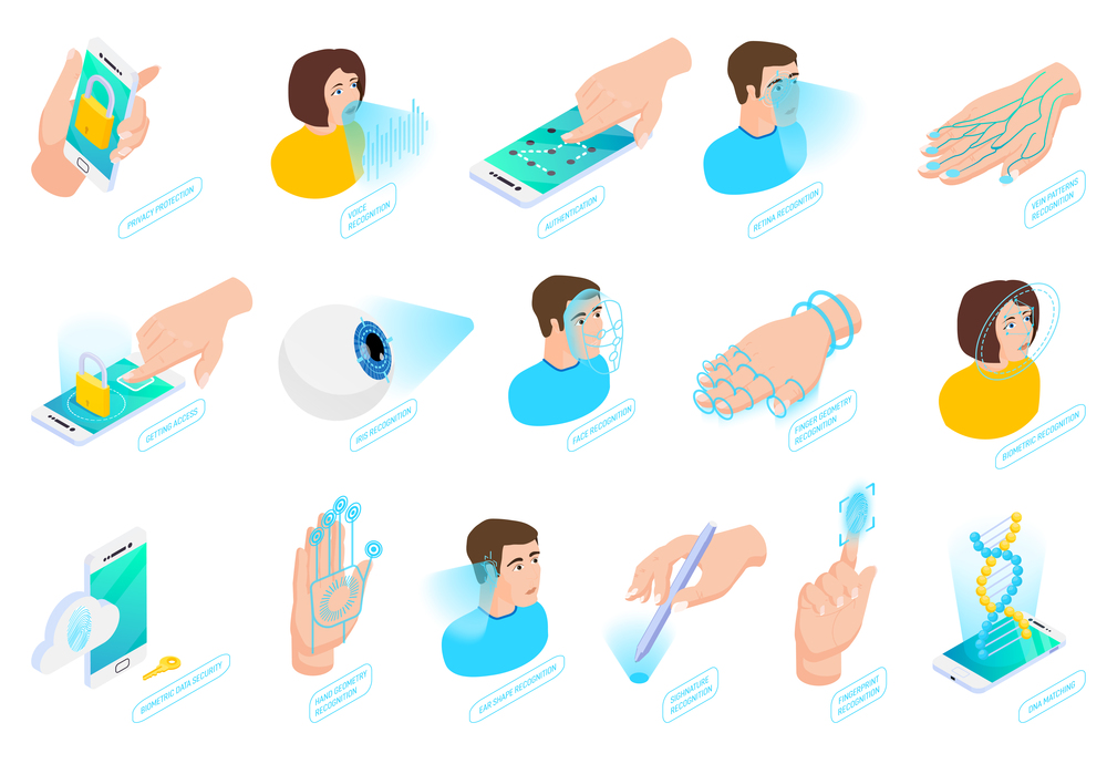 Biometric authentication isometric icons collection with isolated images of human heads hands and smartphones with text vector illustration