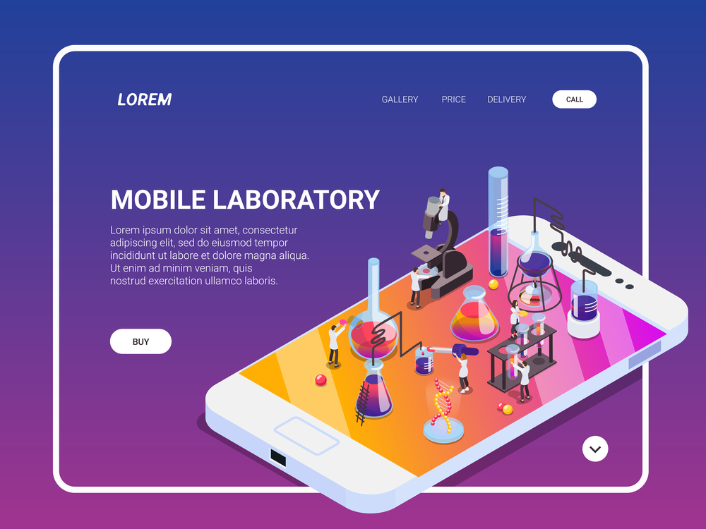 Science isometric landing page web site design background with conceptual images clickable links text and buttons vector illustration