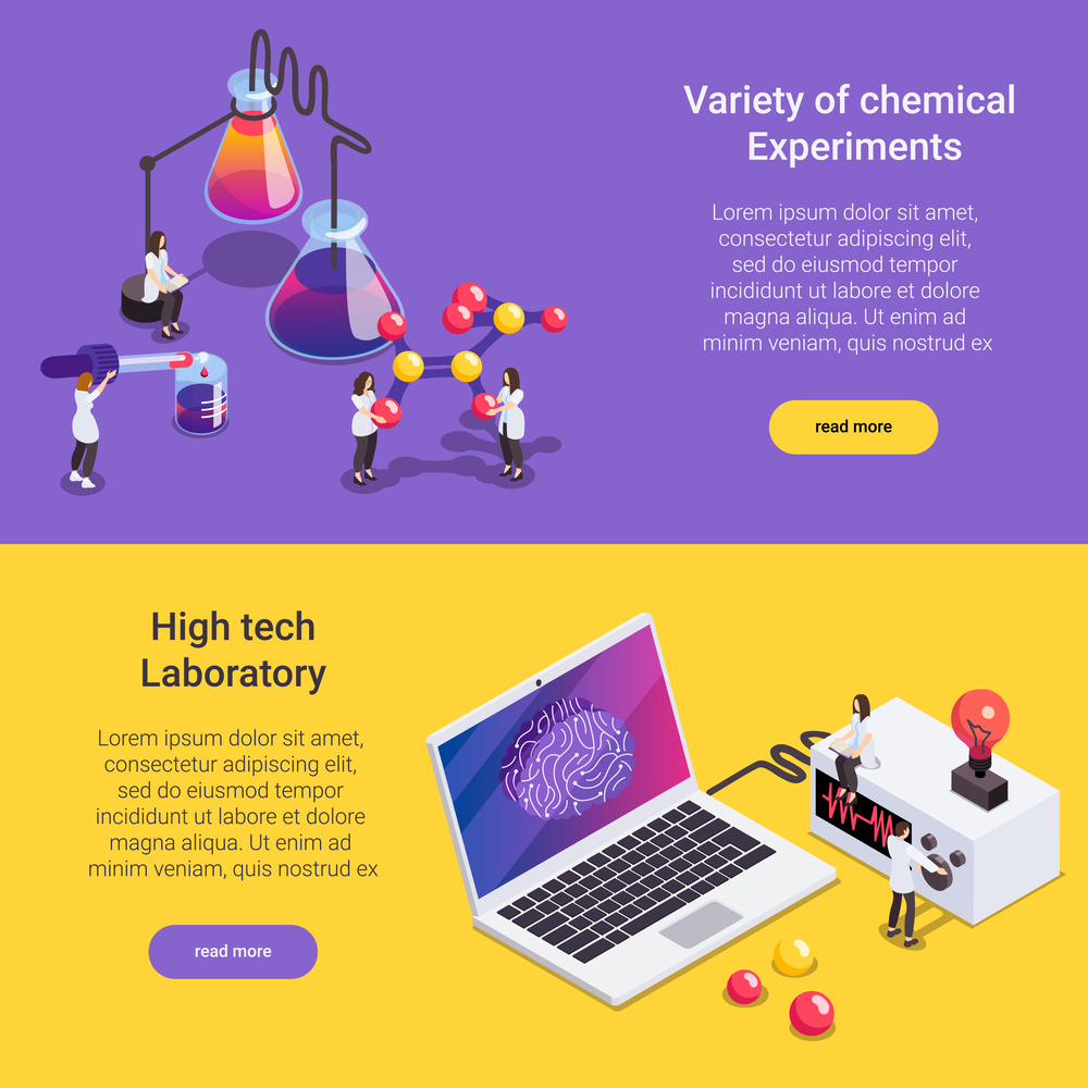 Science isometric background set of two horizontal banners with read more buttons text people and equipment vector illustration