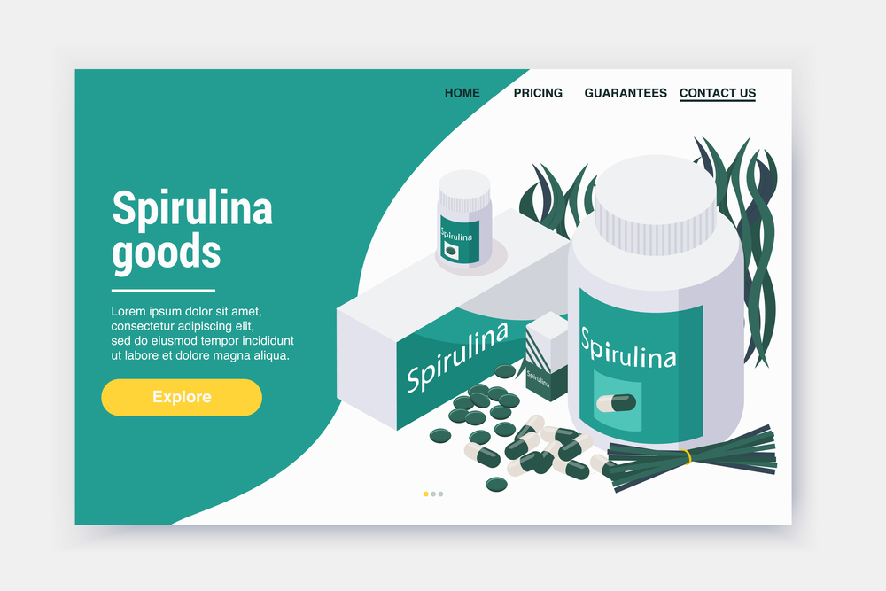 Spirulina isometric landing page web site design with images of sea weed pills and clickable links vector illustration