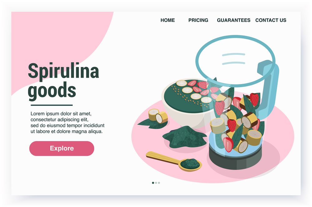 Spirulina isometric web site landing page background with clickable links editable text and images of goods vector illustration